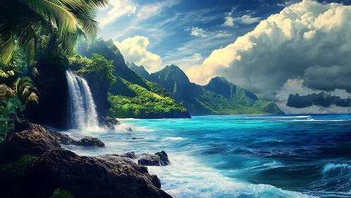 Tropical Coastal Landscape with Waterfall and Mountains.