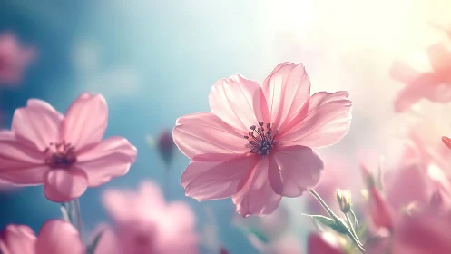 Delicate cosmos petals catch morning light against blue sky.