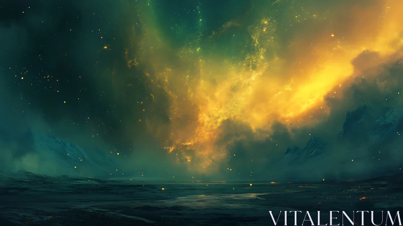 Aurora Over Alpine Landscape: Luminescent Nebula Against Mountain Peaks