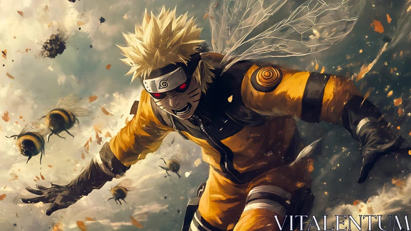 Blond anime ninja with insect wings charges through debris