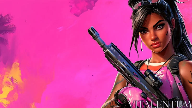 Digital portrait shows armed female character on pink field