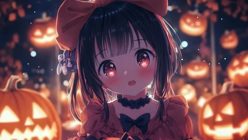 Anime girl in Halloween pumpkin field under warm bokeh lighting