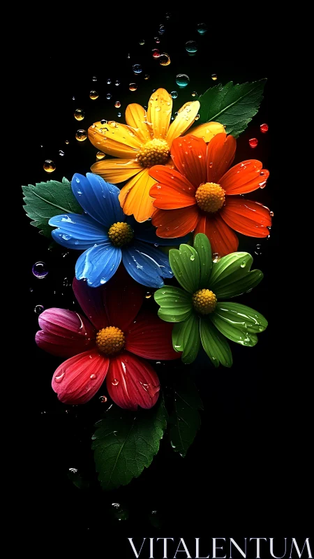 Chromatic Daisy Floral Composition With Water Droplet Refraction Effects