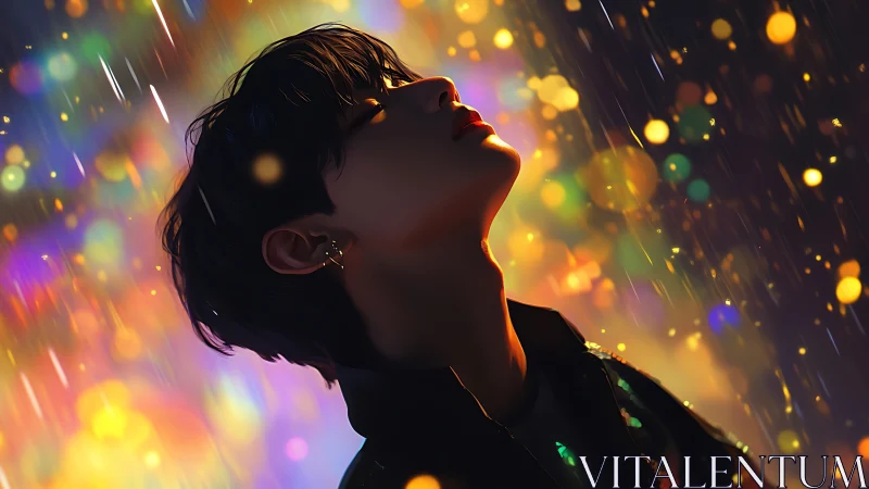 Silhouetted youth tilts head to glowing rain bokeh night