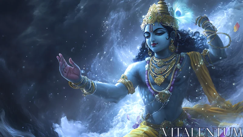Divine blue deity dancing in swirling celestial waters.
