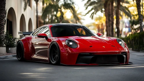 Crimson street predator coupe prowling a sunlit palm boulevard.