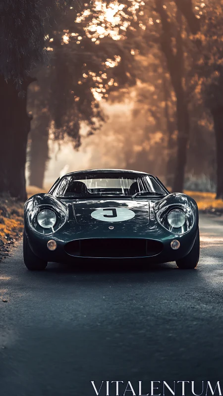 Vintage race car glows against sunlit forest backdrop.