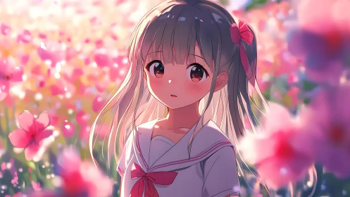 Soft spring light around a quiet anime girl in bloom.