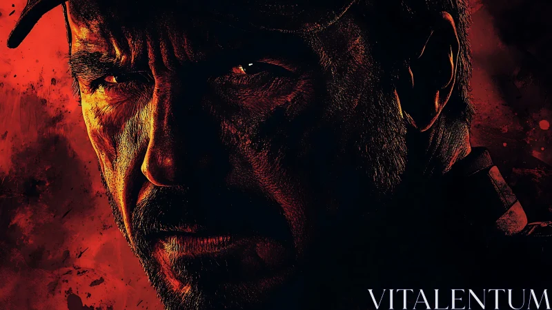 Intense bearded man in shadowed red portrait glowers forward.