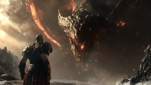 Armored figure confronts molten dragon in volcanic landscape