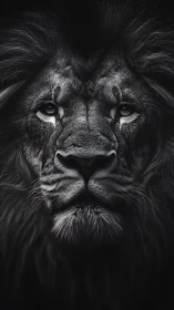 Monochrome frontal portrait of mature male lion in chiaroscuro