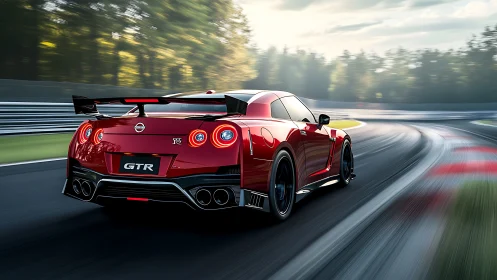 Red Nissan GT-R powers through fast racetrack corner at speed.