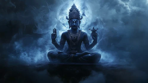 Seated multi-armed deity figure in blue atmospheric mist.