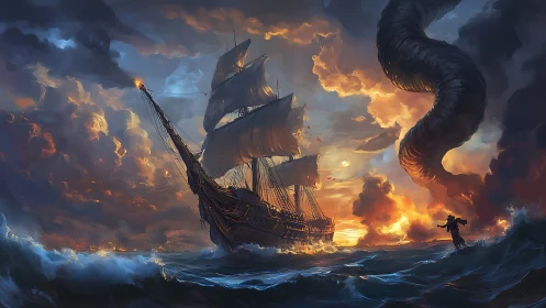 Stormlit pirate ship sails toward towering sea serpent