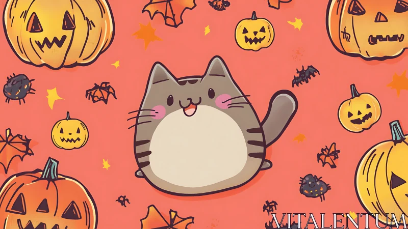 Anthropomorphic Tabby Cat Amid Jack-o'-Lanterns and Halloween Iconography on Coral Ground.