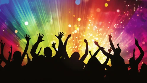 Crowd silhouettes dancing under bright colorful light show.