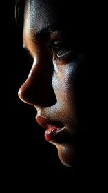 Side profile close-up of illuminated human face in dark.
