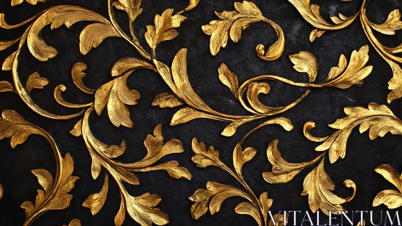 Baroque gilt foliage relief on textured black ornamental field.