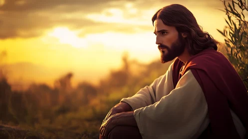 Man in robes sits outdoors at sunset, deep in thought.