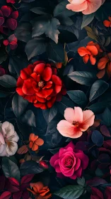 Layered botanical arrangement displaying saturated floral specimens against dark foliage