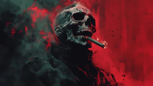 Human skull with lit cigar amid red and dark smoke field.
