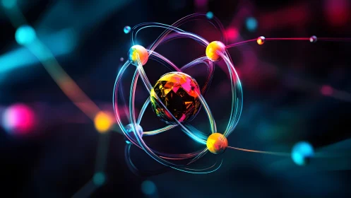 Vibrant digital illustration of an atom with glowing particles.
