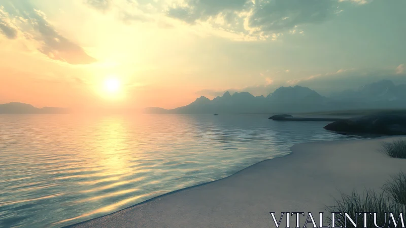 Soft sunrise drapes pastel light across a hushed shoreline