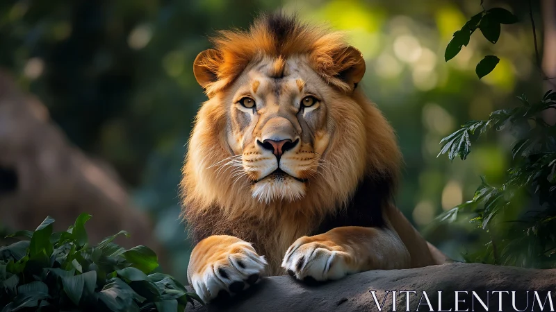 Majestic lion rests on sunlit rock in lush jungle habitat
