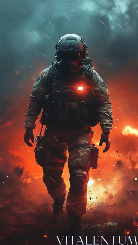 Armored soldier advancing through blazing battlefield storm.
