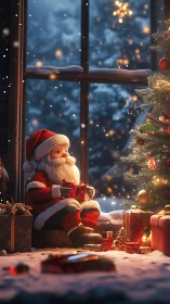 Cute santa toy by lit christmas tree and winter window.