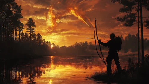 Archer Silhouette Against Fiery Meteor Sunset Lake Scene.