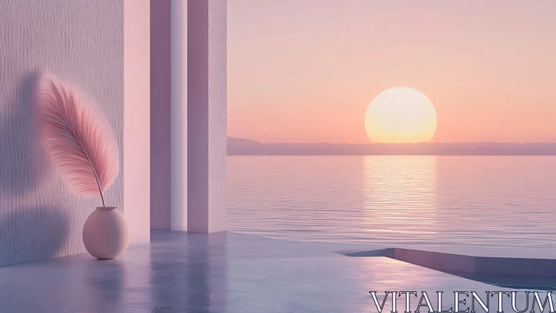 Minimalist seafront terrace renders soft volumetric sunset lighting