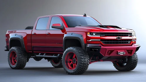 Lifted red Chevy truck showcases aggressive offroad stance.