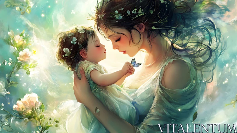 Digital painting of ethereal mother and child in floral light.