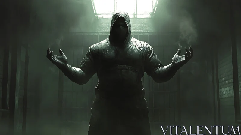 Hooded figure in toxic green fog dominates prison corridor