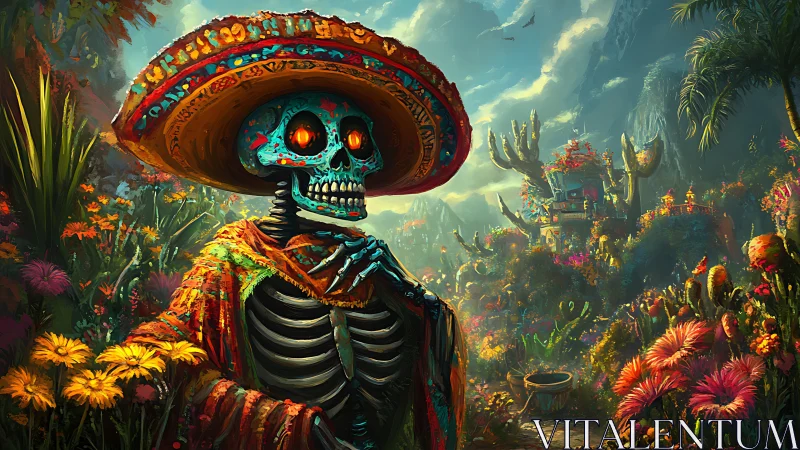 Skeleton in sombrero stands in dense, colorful floral valley
