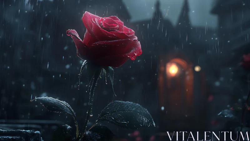 Midnight rain-kissed crimson rose before a distant door.