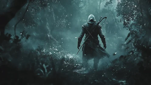 Hooded ranger walking alone through dark misty forest.