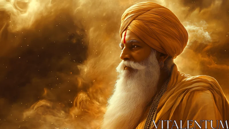 Golden-clad elder sage profile in luminous nebular haze