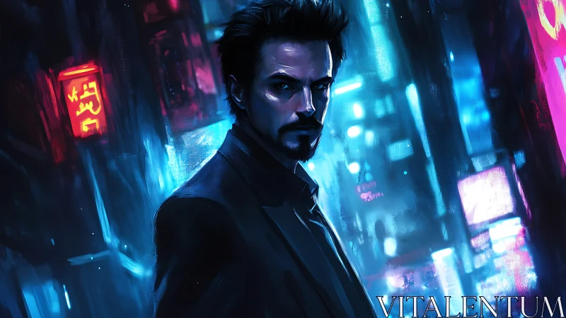 Brooding noir hero under neon lights in cyber city night.