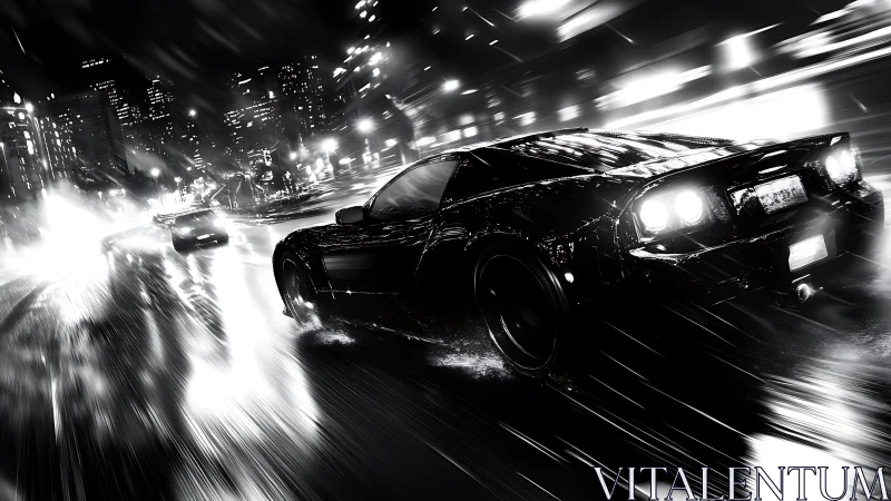 High-contrast rain-soaked street race with rear three-quarter view