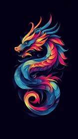 Neon chromatic dragon illustration in fluid digital vectors.