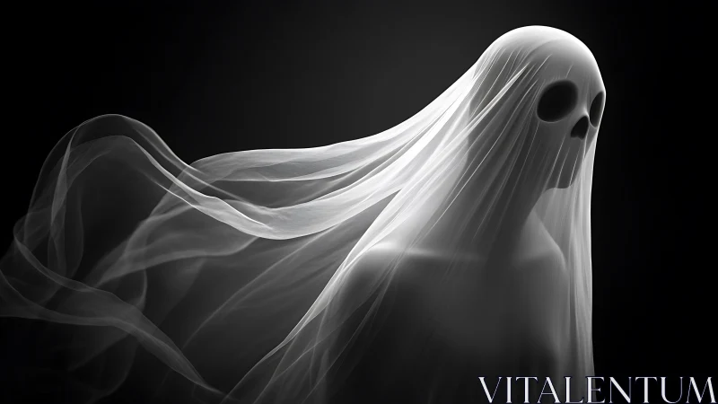 Ghostly shrouded figure emerges in flowing white veil.