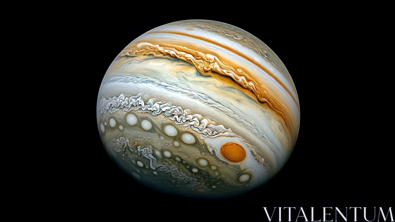 Jupiter’s swirling marble storms in luminous cosmic closeup.