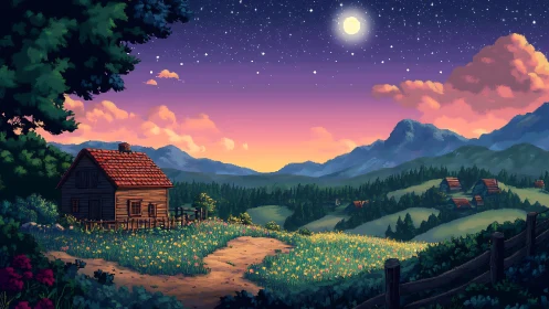 Pixel-rendered moonlit valley landscape with rustic wooden cabin