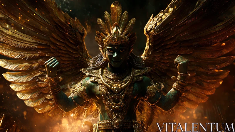 Mythic winged guardian in blazing gold armor stands triumphant.