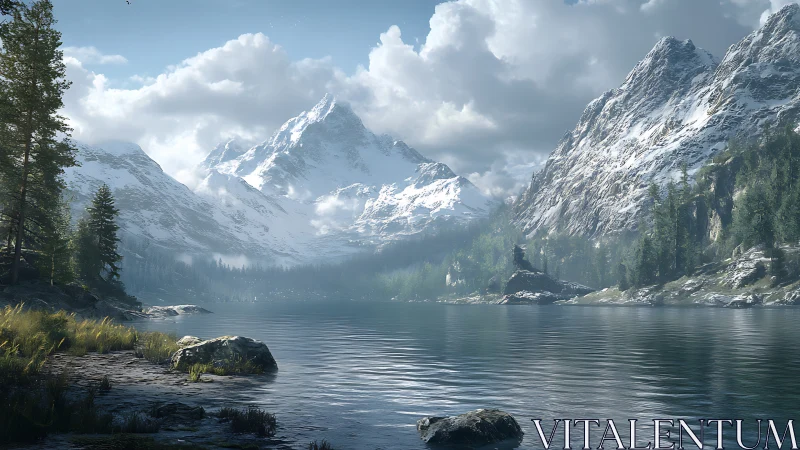 Snowcapped alpine mountains rise above tranquil forest lake