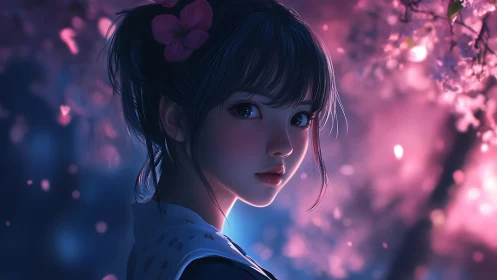 Side portrait of girl under pink blossoms at twilight.