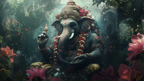 Elephant-headed forest deity in hyper-detailed digital rendering.