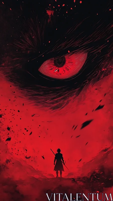 Warrior silhouette beneath colossal demonic red eye.